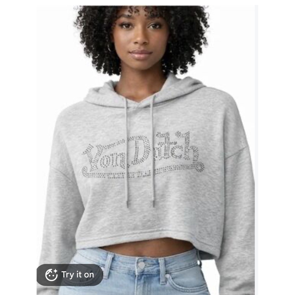 Von Dutch Gray Rhinestone Cropped Hoodie Sz L, Y2K Skater Streetwear Oversized